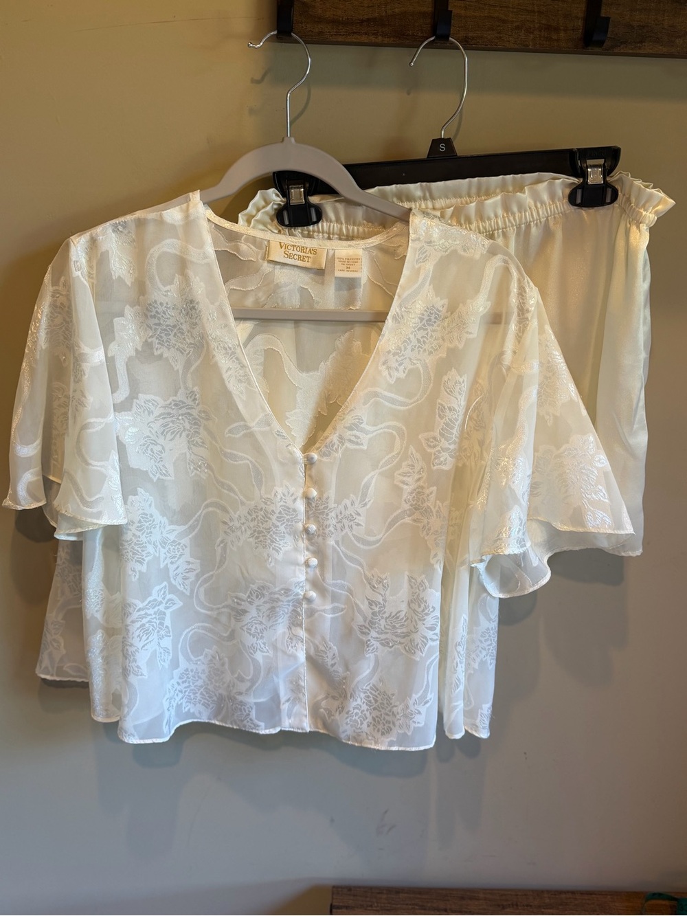Vtg Victoria's Secret Gold Label Satin Lace Top Shorts Set Cream Medium